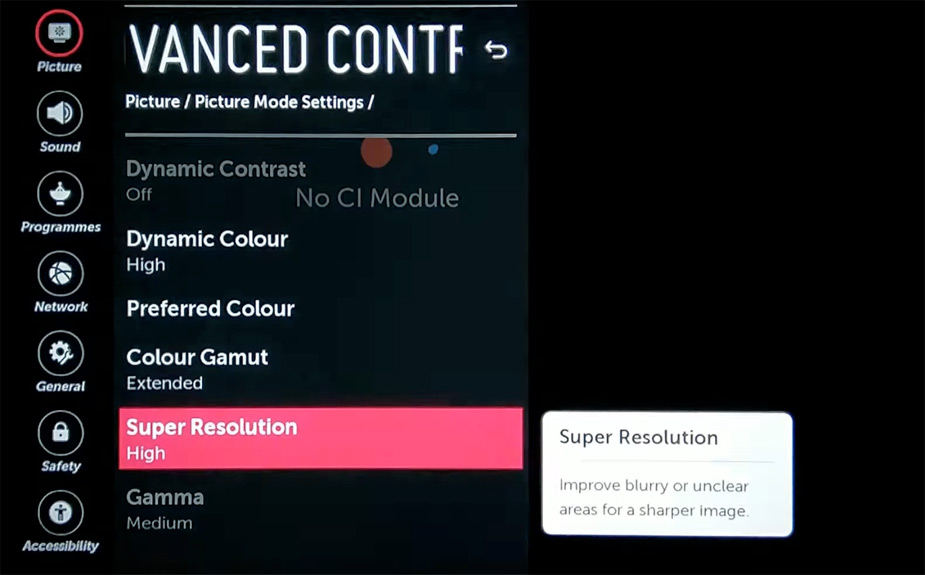 How to turn on the Super Resolution setting on an LG TV.