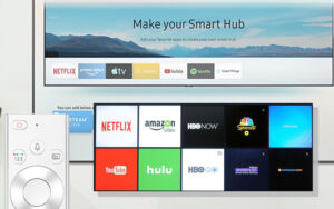 A Samsung Smart TV shows several apps, as we prepare to discuss how to download apps on Samsung Smart TVs.